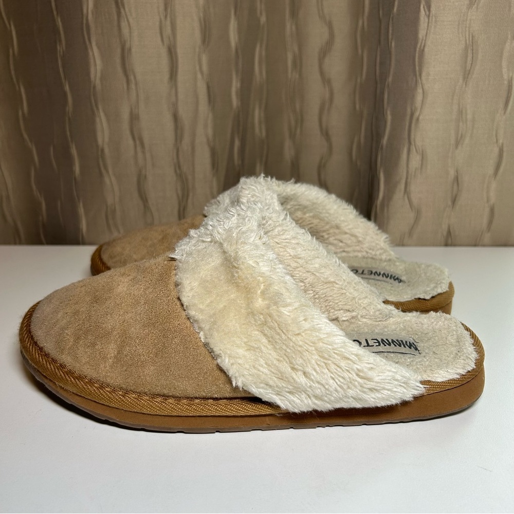 Minnetonka Slippers Tan Brown Leather Women’s 8 Slip-On Faux Fur Mules 40811
